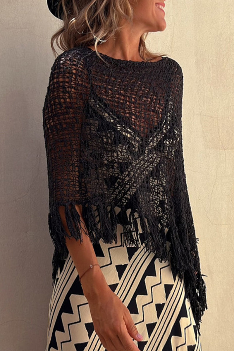 Kaynafashions - Vacation Solid Tassel Hollowed Out O Neck Outerwear