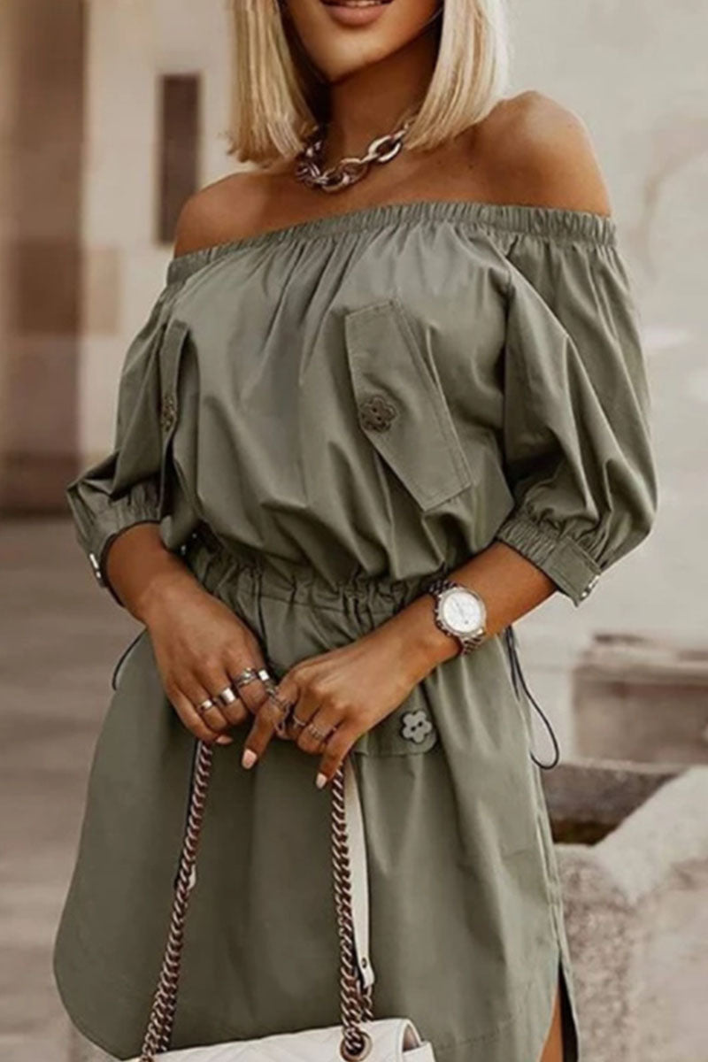 Kaynafashions - Simplicity Solid Draw String Off the Shoulder A Line Dresses