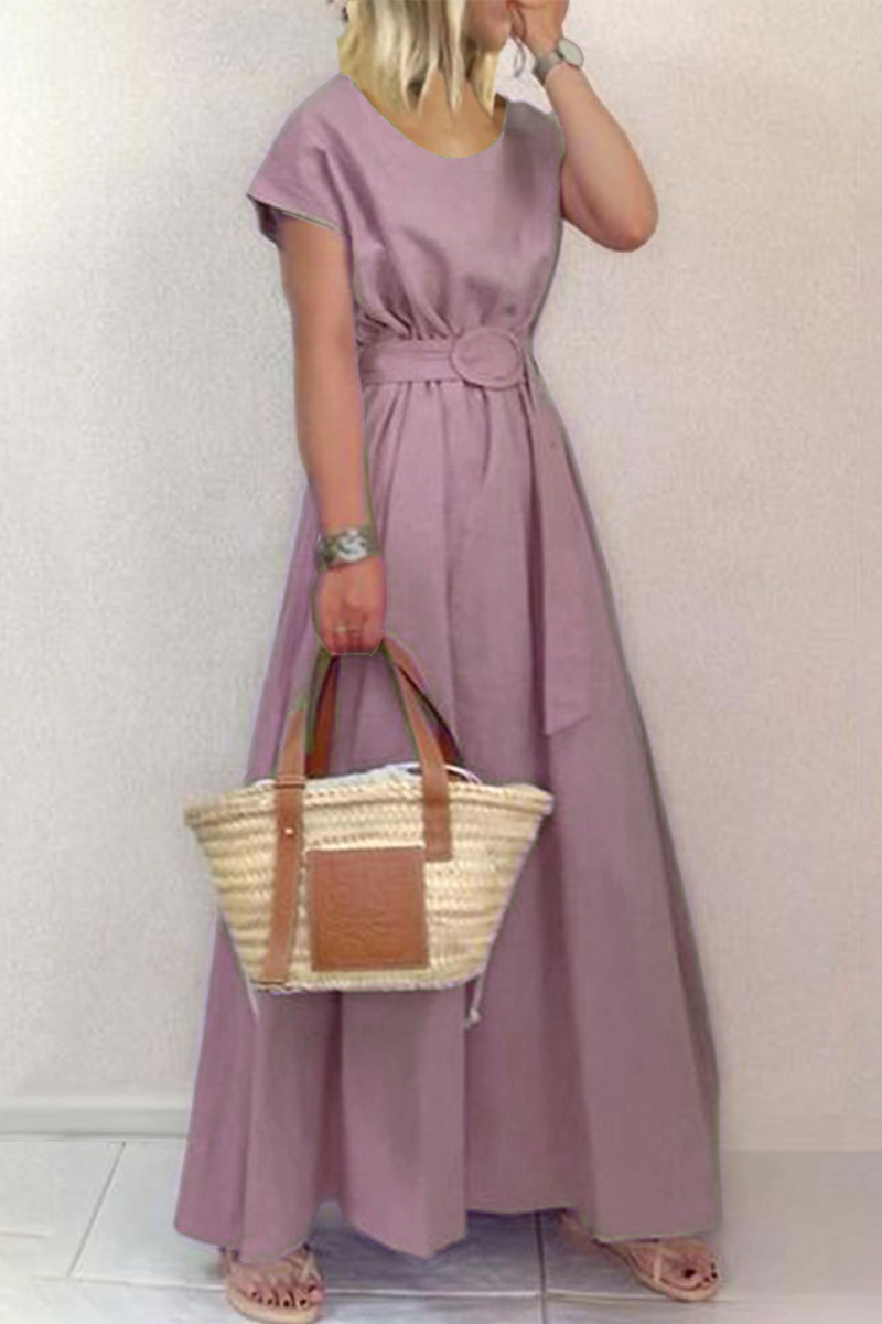 Kaynafashions - Fashion Solid Patchwork O Neck Waist Skirt Dresses(6 Colors)