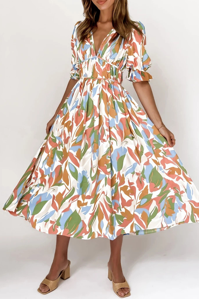 Kaynafashions - Casual Print Patchwork V Neck Cake Skirt Dresses