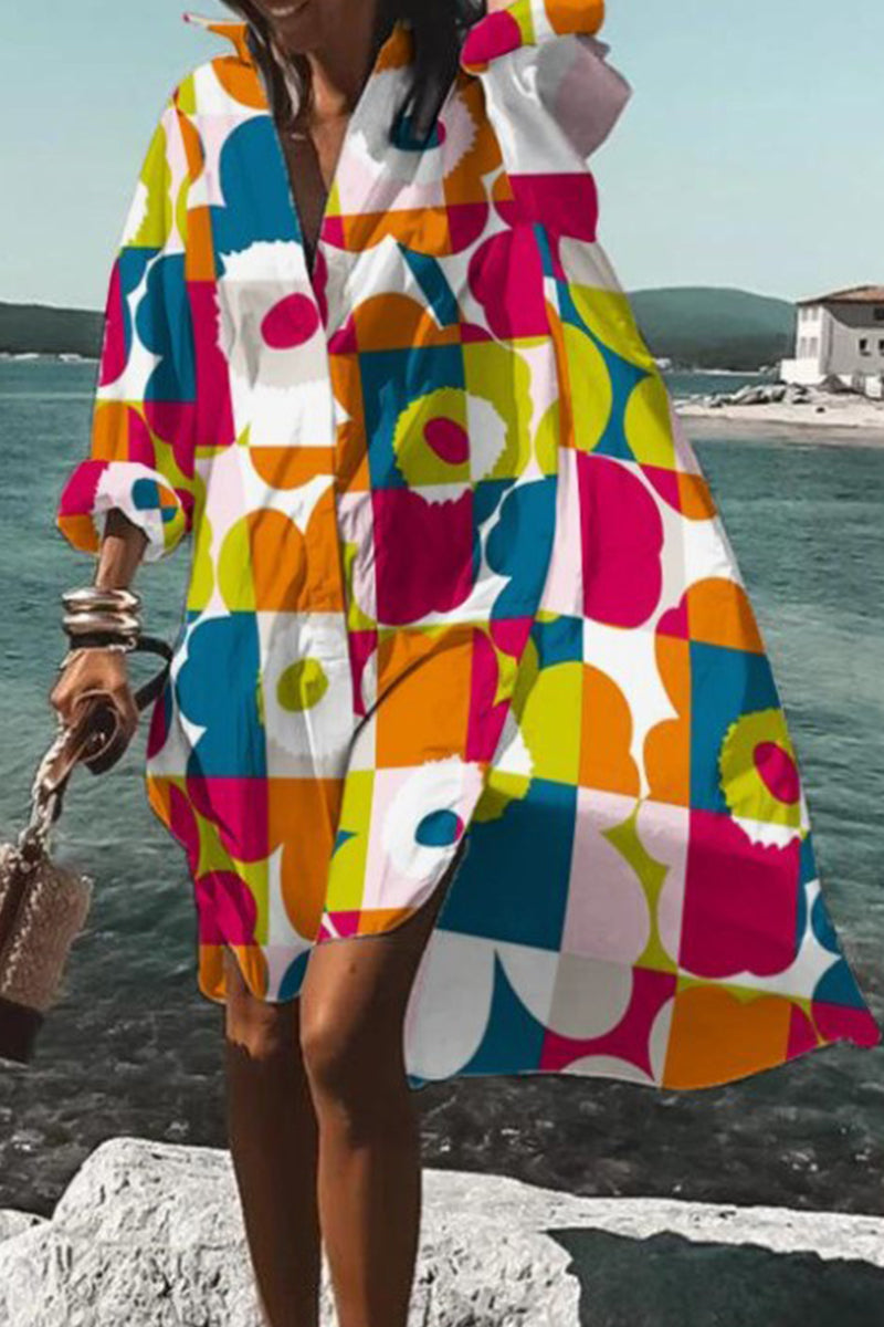 Kaynafashions - Casual Print Contrast Turndown Collar Shirt Dress Dresses(9 Colors)