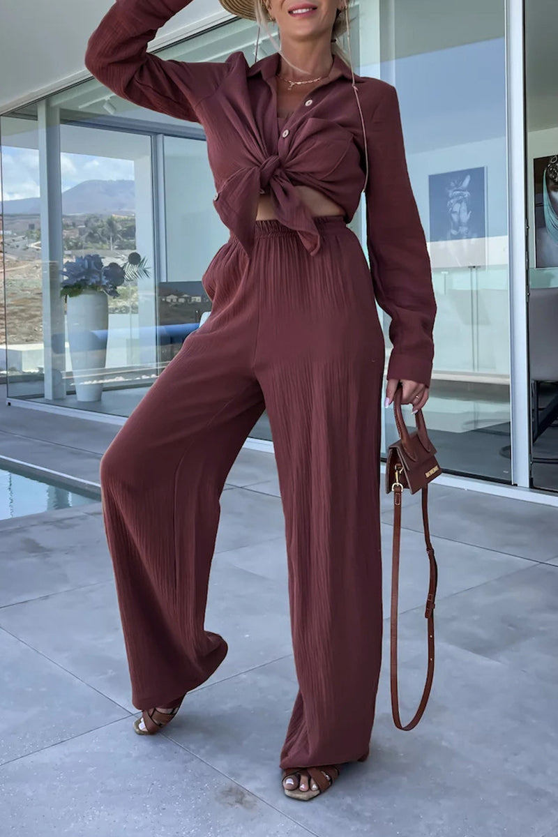 Kaynafashions - Casual Simplicity Solid Fold Turndown Collar Long Sleeve Two Pieces