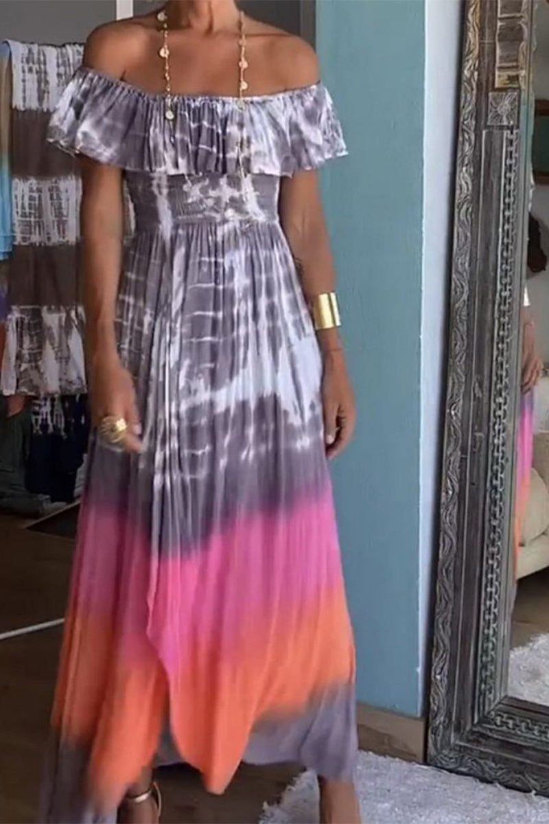 Kaynafashions - Street College Tie Dye Printing Off the Shoulder Printed Dress Dresses