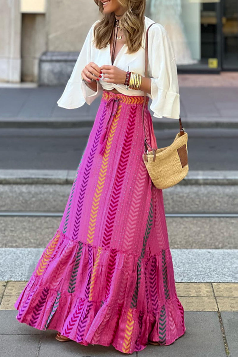 Kaynafashions - Coastal Comforts Ethnic Print Drawstring Elastic Waist Maxi Skirt