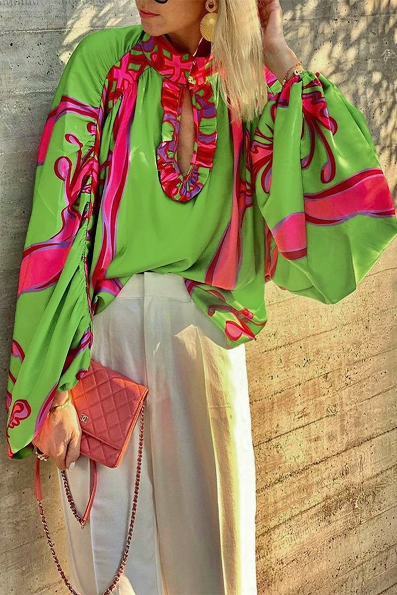 Kaynafashions - Bohemian Elegant Geometric Print Buttons O Neck Blouses