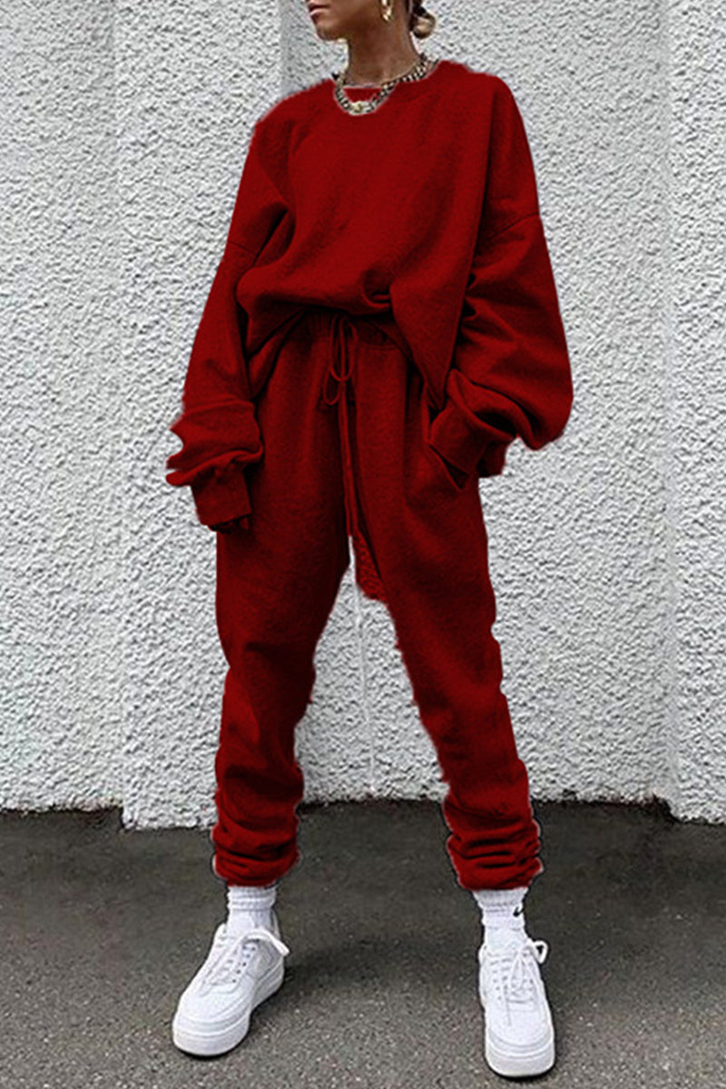 Kaynafashions - Casual Solid Pocket O Neck Long Sleeve Two Pieces