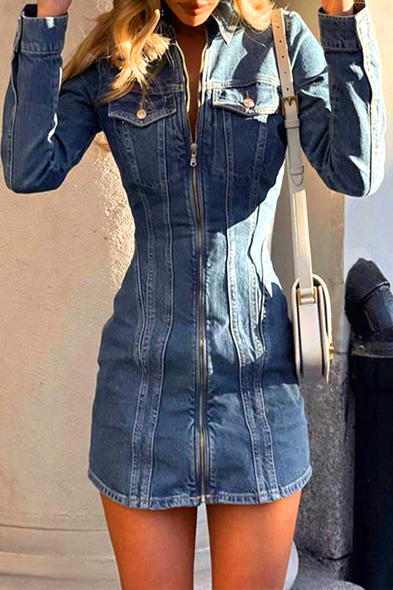 Kaynafashions - Casual Street Solid Zipper Turndown Collar Long Sleeve Regular Denim Dresses