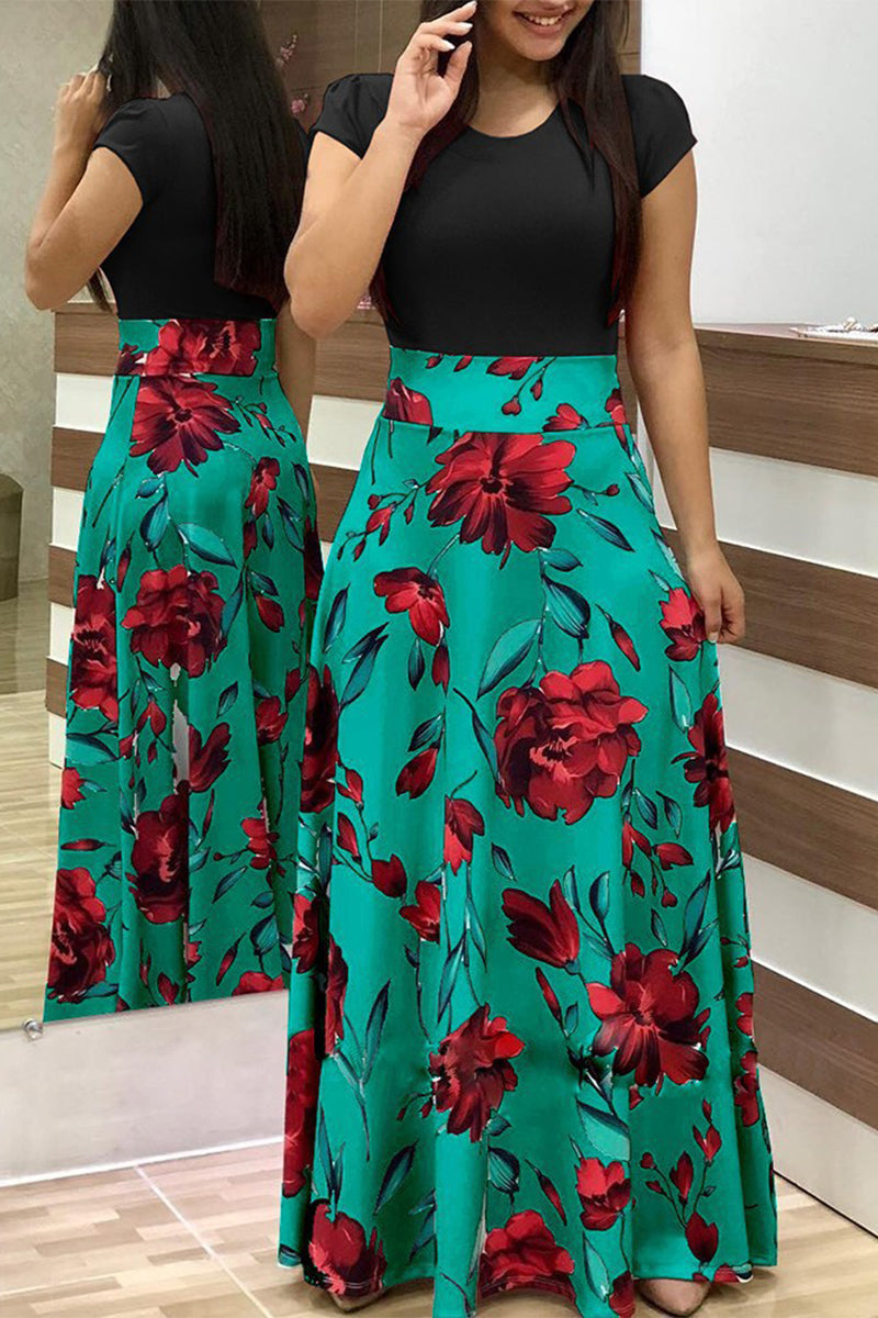 Kaynafashions - Casual Bohemian Print Solid Patchwork O Neck Short Sleeve Dress Dresses(12 Colors)