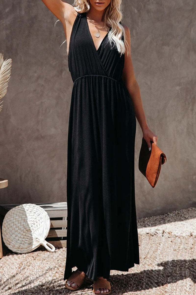 Kaynafashions - Fashion Casual Solid Patchwork V Neck Waist Skirt Dresses