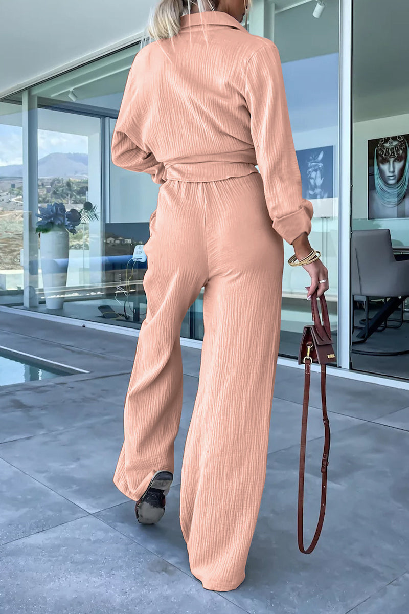 Kaynafashions - Casual Simplicity Solid Fold Turndown Collar Long Sleeve Two Pieces