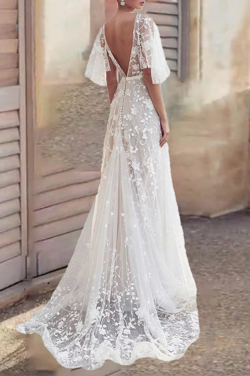 Kaynafashions - Elegant Formal Solid Lace Backless V Neck Dresses