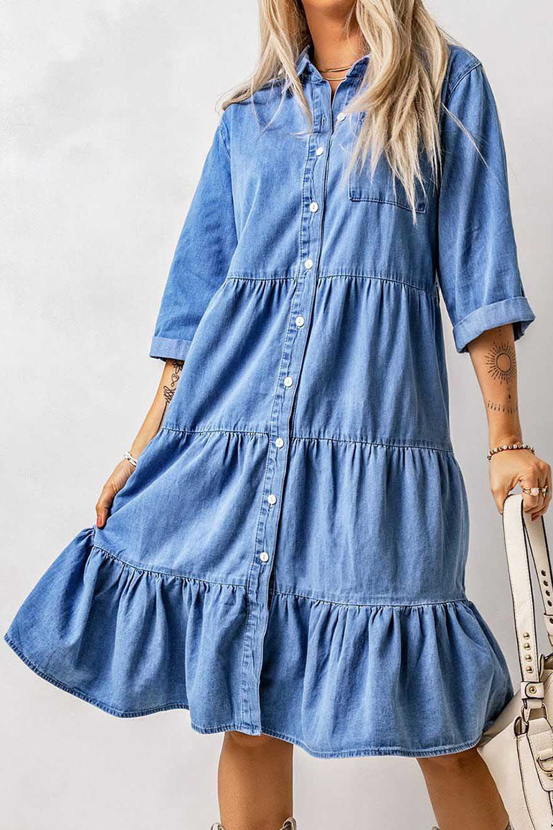 Kaynafashions - Casual Street Solid Patchwork Turndown Collar Nine Points Sleeve Loose Denim Dresses