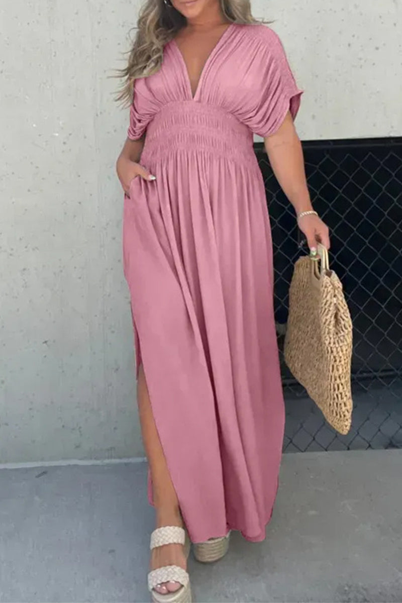 Kaynafashions - Casual Simplicity Solid Pocket V Neck A Line Short Sleeve Dress