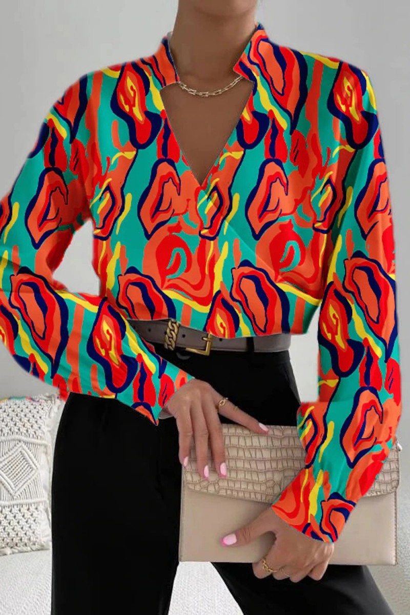 Kaynafashions - Casual Print Patchwork V Neck Tops