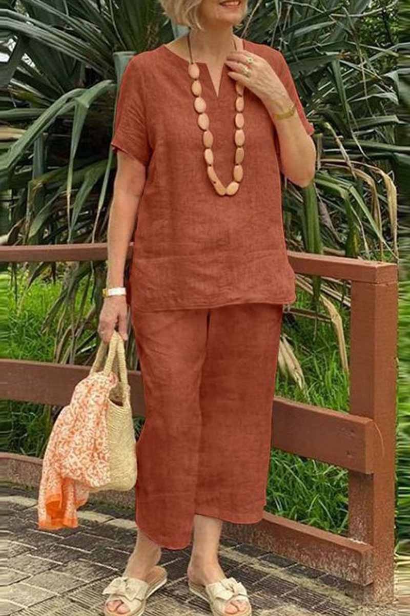 Kaynafashions - Casual Solid V Neck Short Sleeve Two Pieces(3 Colors)