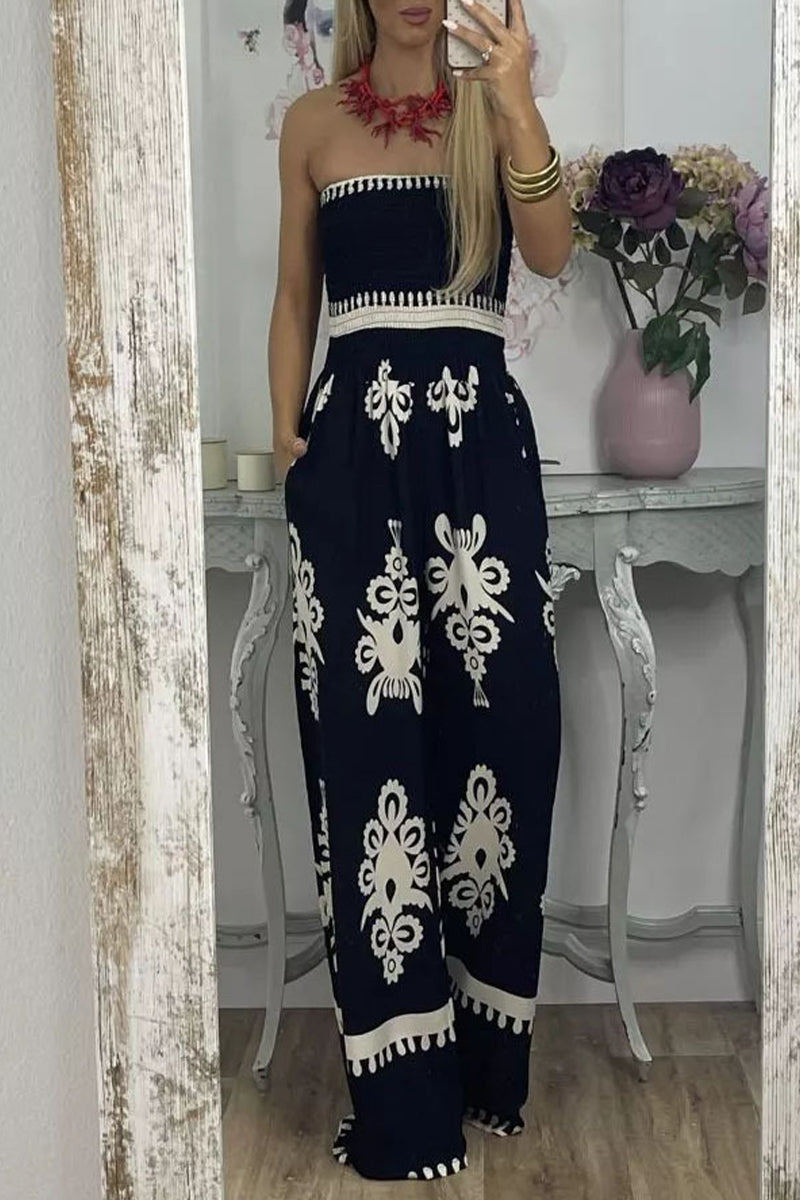 Kaynafashions - Sexy Print Pocket Strapless Loose Jumpsuits(3 Colors)