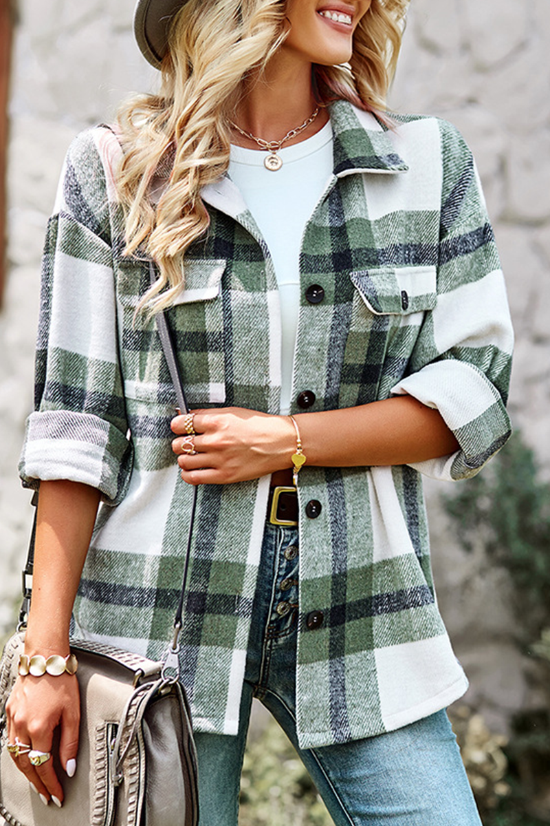 Kaynafashions - Casual Plaid Patchwork Turndown Collar Blouses(4 Colors)