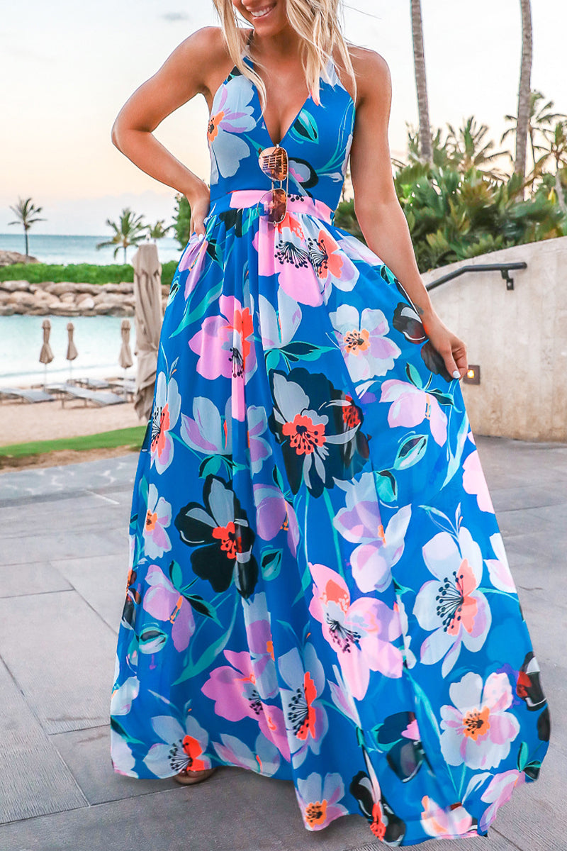 Kaynafashions - Sexy Vacation Print V Neck Sling Dress Dresses