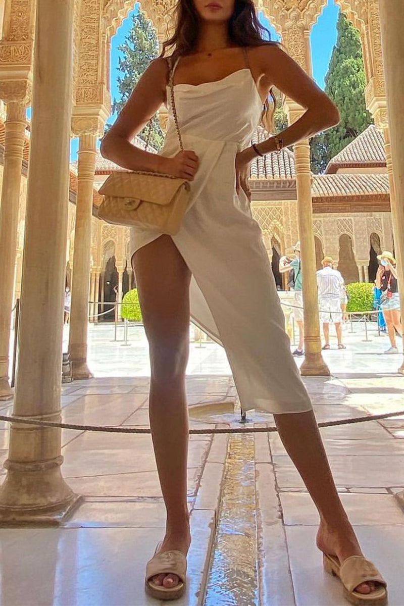 Kaynafashions - Sexy Solid Backless Without Belt Asymmetrical V Neck Irregular Dress Dresses