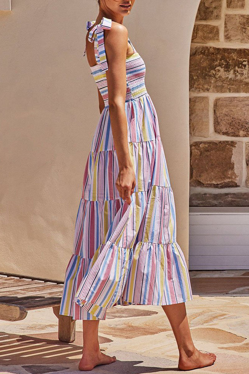 Kaynafashions - Casual Striped Print Bandage Patchwork Spaghetti Strap Sling Dress Dresses