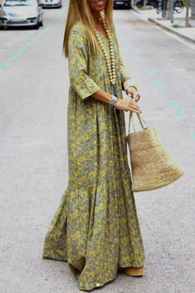 Kaynafashions - Elegant College Geometric Printing V Neck Printed Dress Dresses