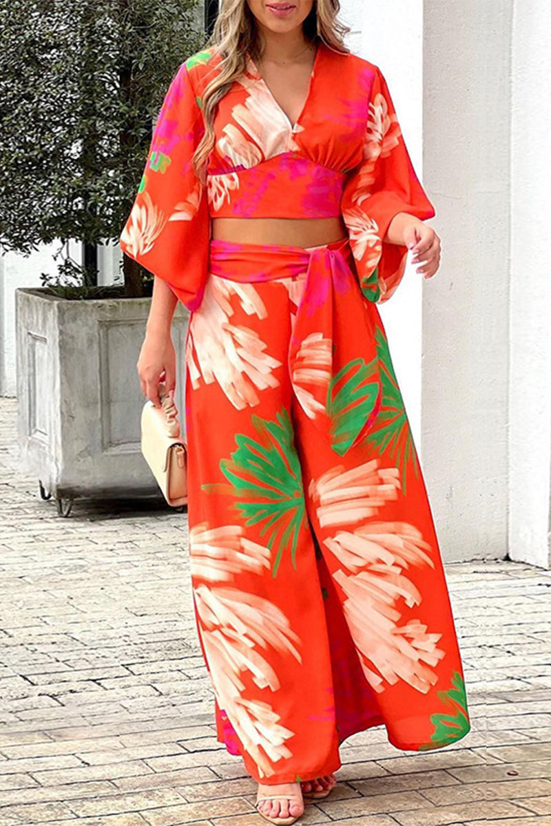 Kaynafashions - Elegant Print Frenulum V Neck Half Sleeve Two Pieces(10 Colors)