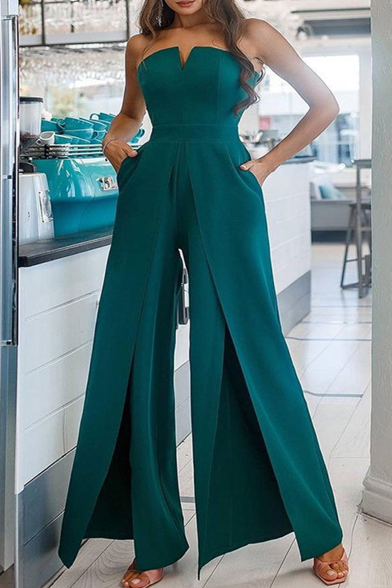 Kaynafashions - Casual Solid Pocket Slit Strapless Regular Jumpsuits(7 Colors)