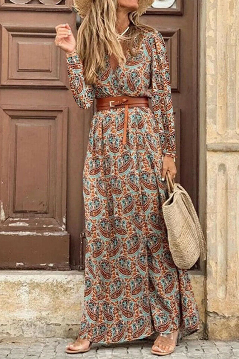 Kaynafashions - Fashion Bohemian Print With Belt V Neck Cake Skirt Dresses(3 Colors)