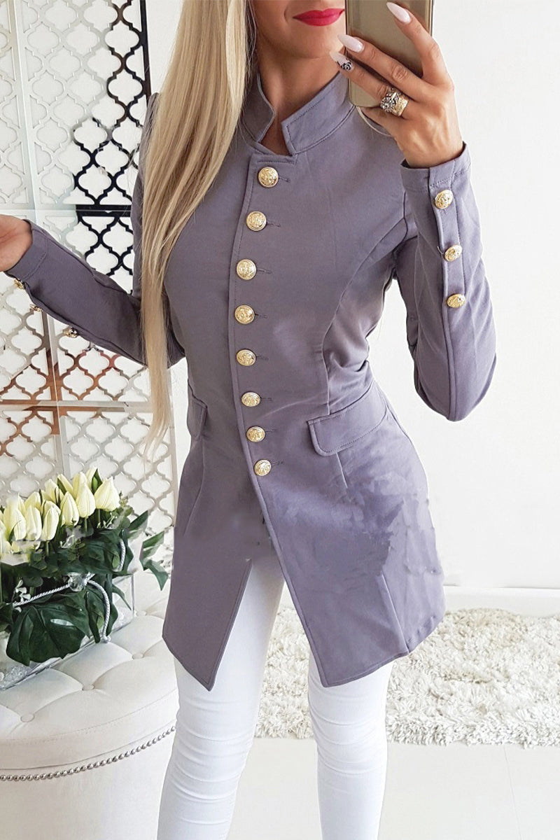 Kaynafashions - Work Solid Patchwork Buckle Mandarin Collar Outerwear(3 Colors)