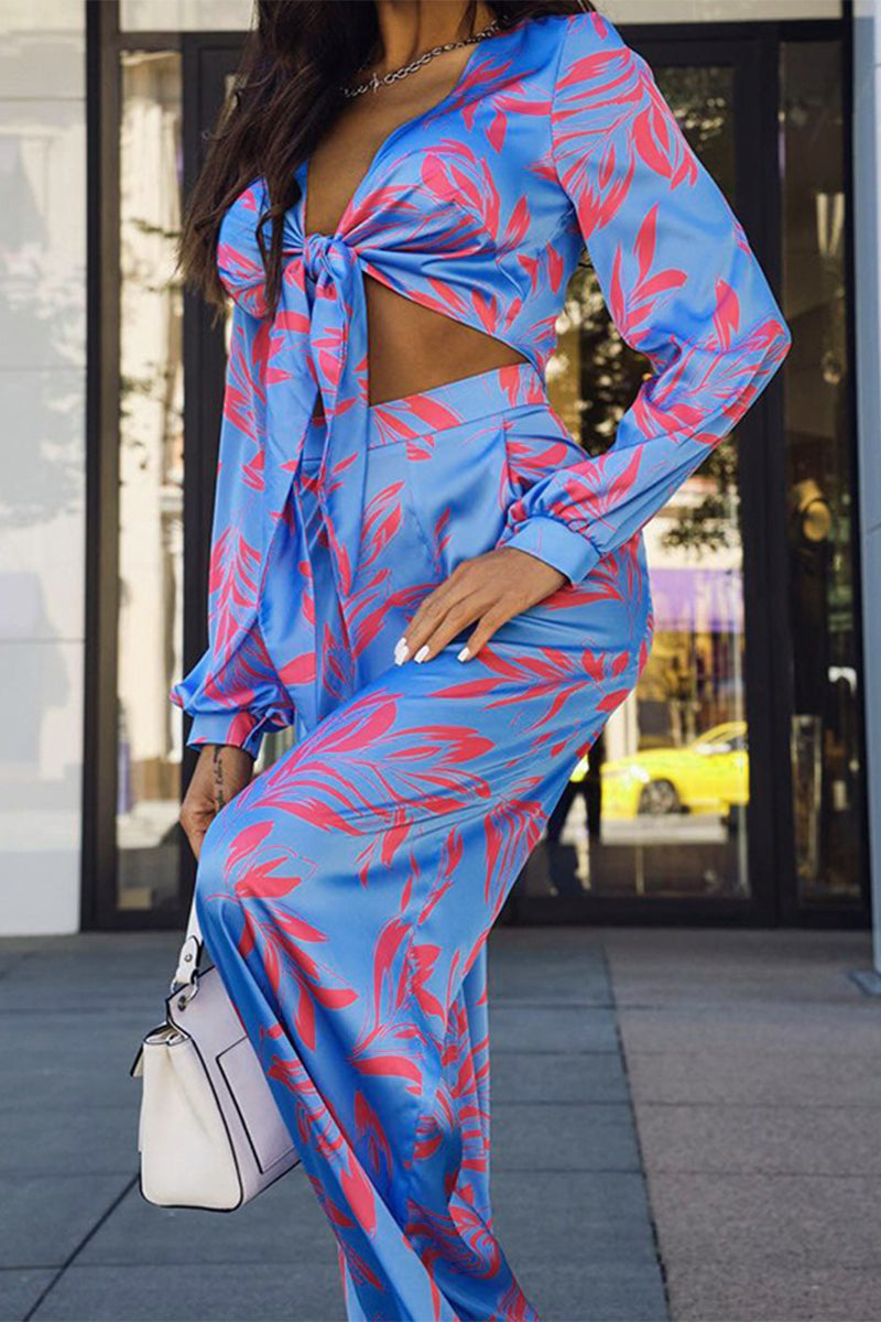 Kaynafashions - Sexy Floral Patchwork V Neck Long Sleeve Two Pieces