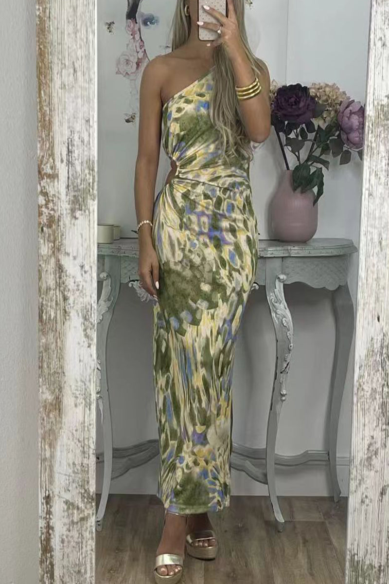 Kaynafashions - Sexy Print Patchwork Oblique Collar One Step Skirt Dresses