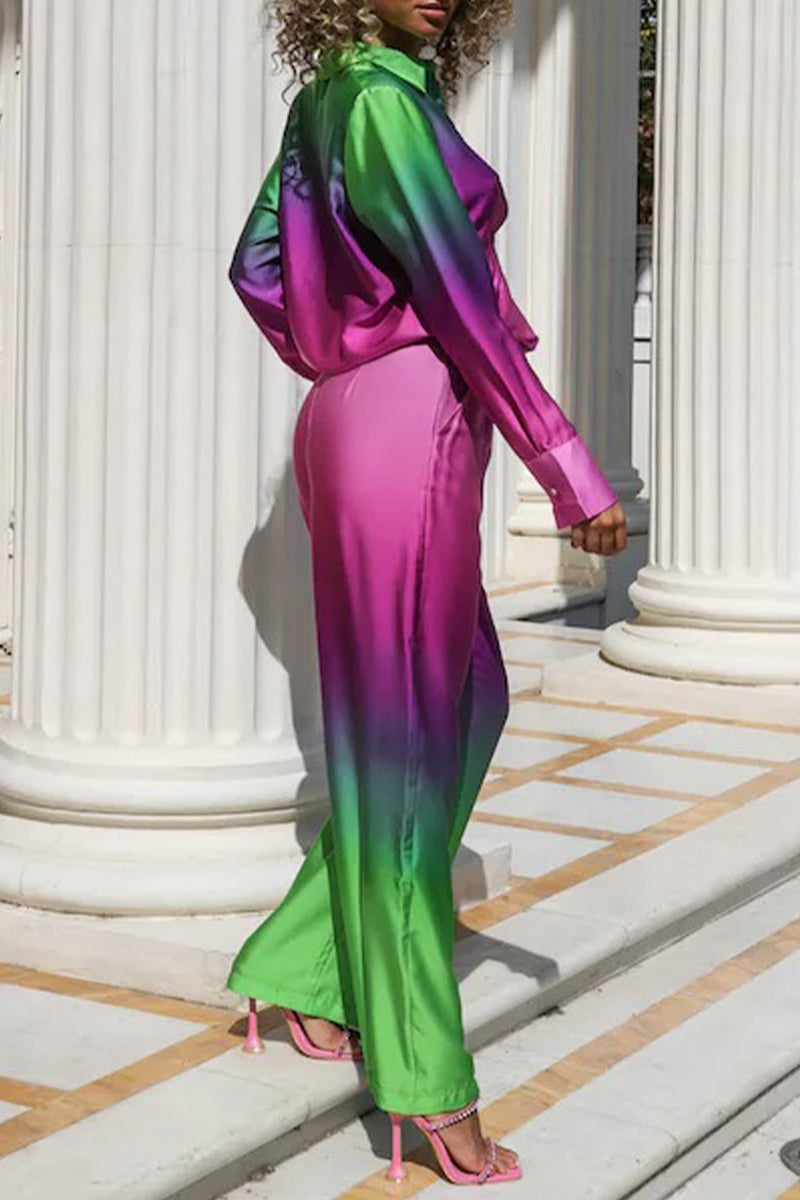 Kaynafashions - Casual Gradual Change Contrast Turndown Collar Long Sleeve Two Pieces(8 Colors)