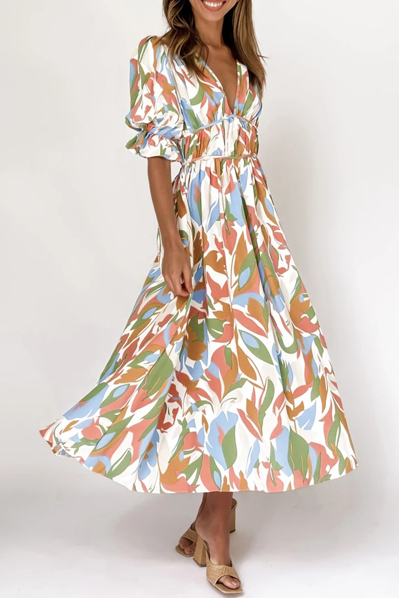 Kaynafashions - Casual Print Patchwork V Neck Cake Skirt Dresses