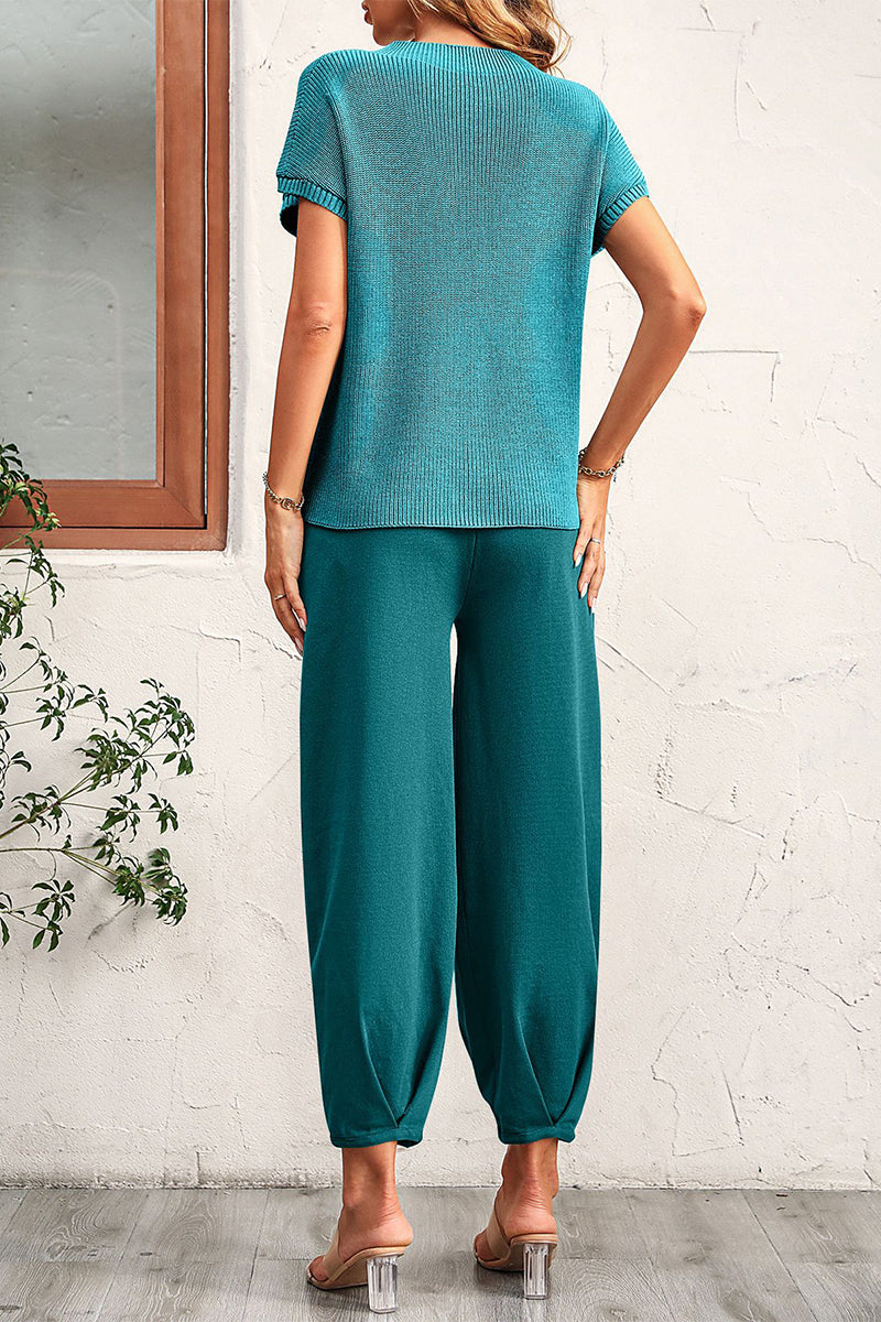 Kaynafashions - Casual Solid Without Belt O Neck Short Sleeve Two Pieces(4 Colors)