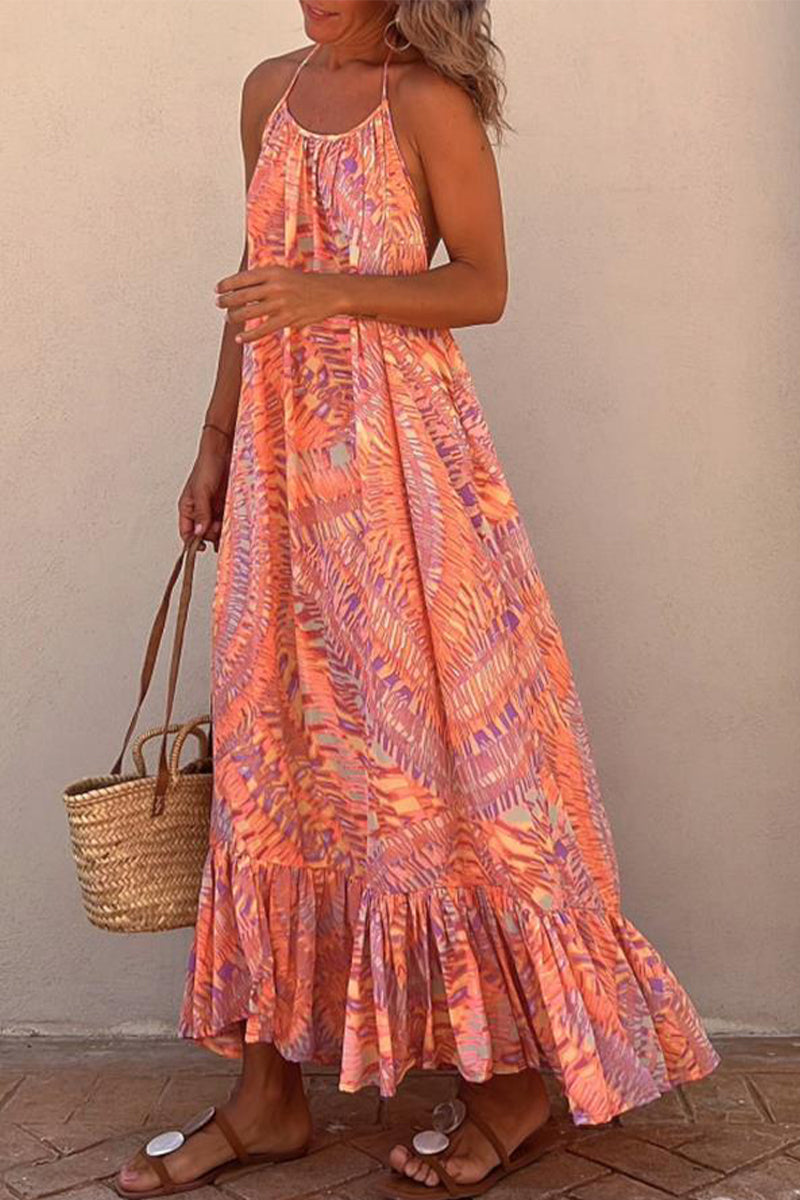 Kaynafashions - Casual Vacation Print Frenulum Halter Printed Dress Dresses