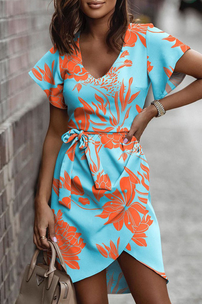 Kaynafashions - Casual Sweet Print Patchwork Frenulum V Neck Irregular Dress Dresses(5 Colors)