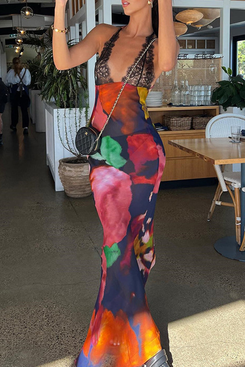 Kaynafashions - Sexy Print Lace See-through Backless V Neck Printed Dress Dresses