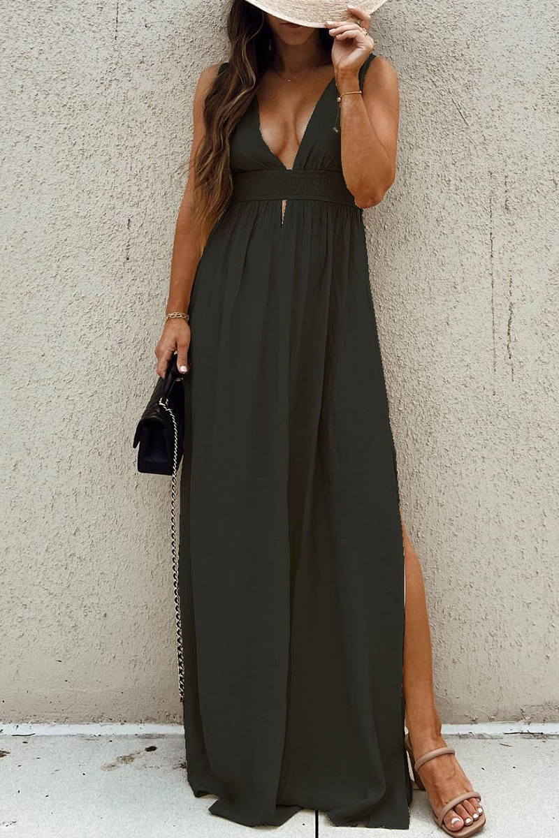 Kaynafashions - Sexy Vacation Solid High Opening Fold V Neck Beach Dress Dresses