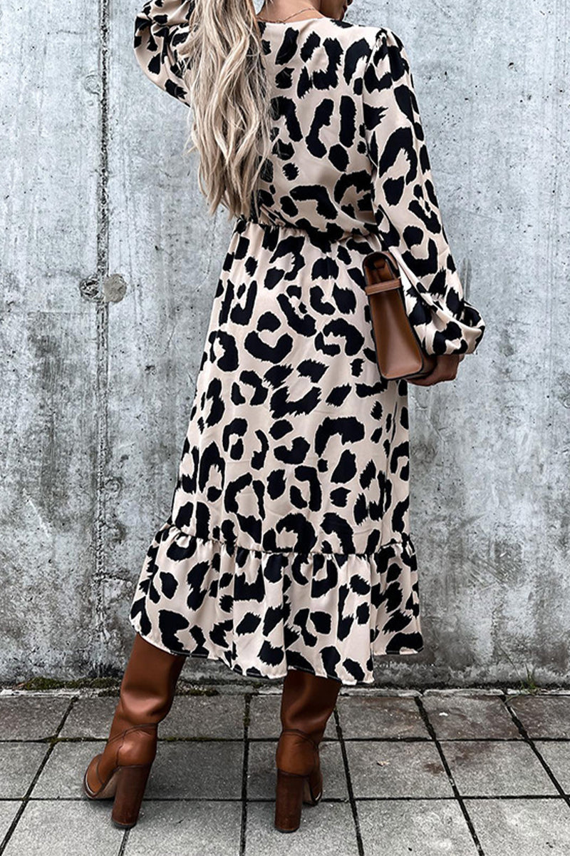 Kaynafashions - Elegant Leopard Printing V Neck Irregular Dress Dresses