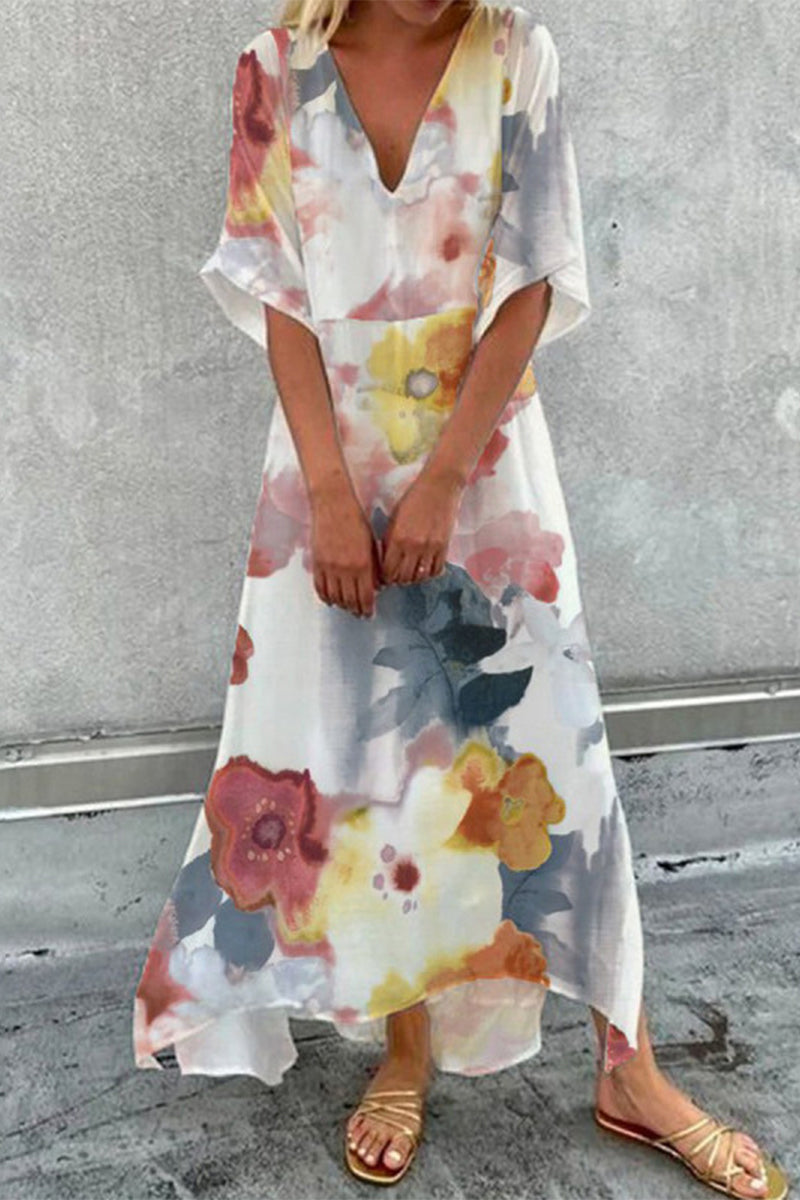 Kaynafashions - Casual Vacation Print Patchwork V Neck A Line Dresses(4 Colors)