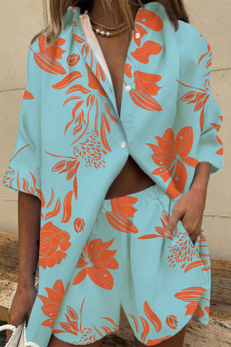 Kaynafashions - Casual Floral Patchwork Turndown Collar Short Sleeve Two Pieces(5 Colors)