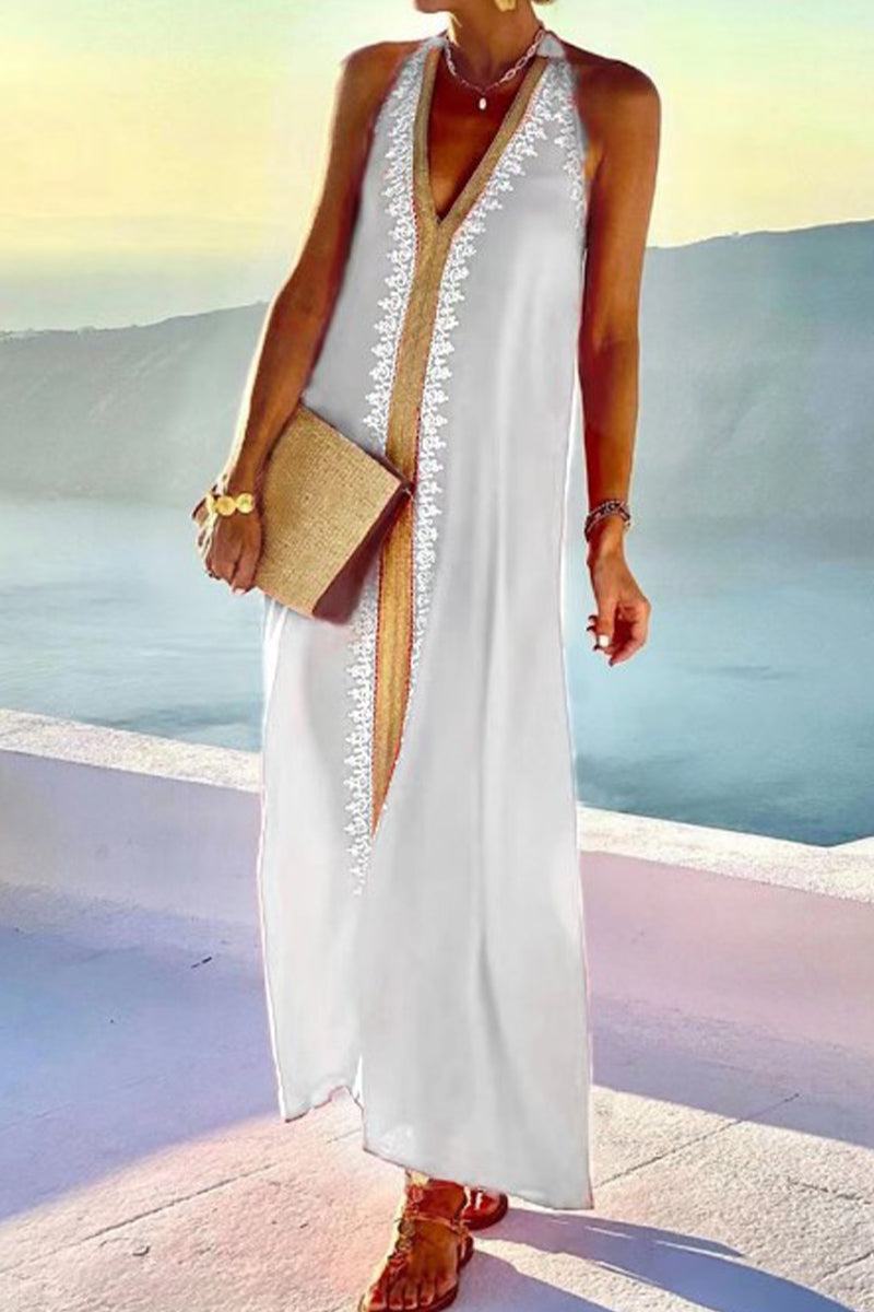 Kaynafashions - Sexy Vacation Print Patchwork V Neck Sleeveless Dress Dresses