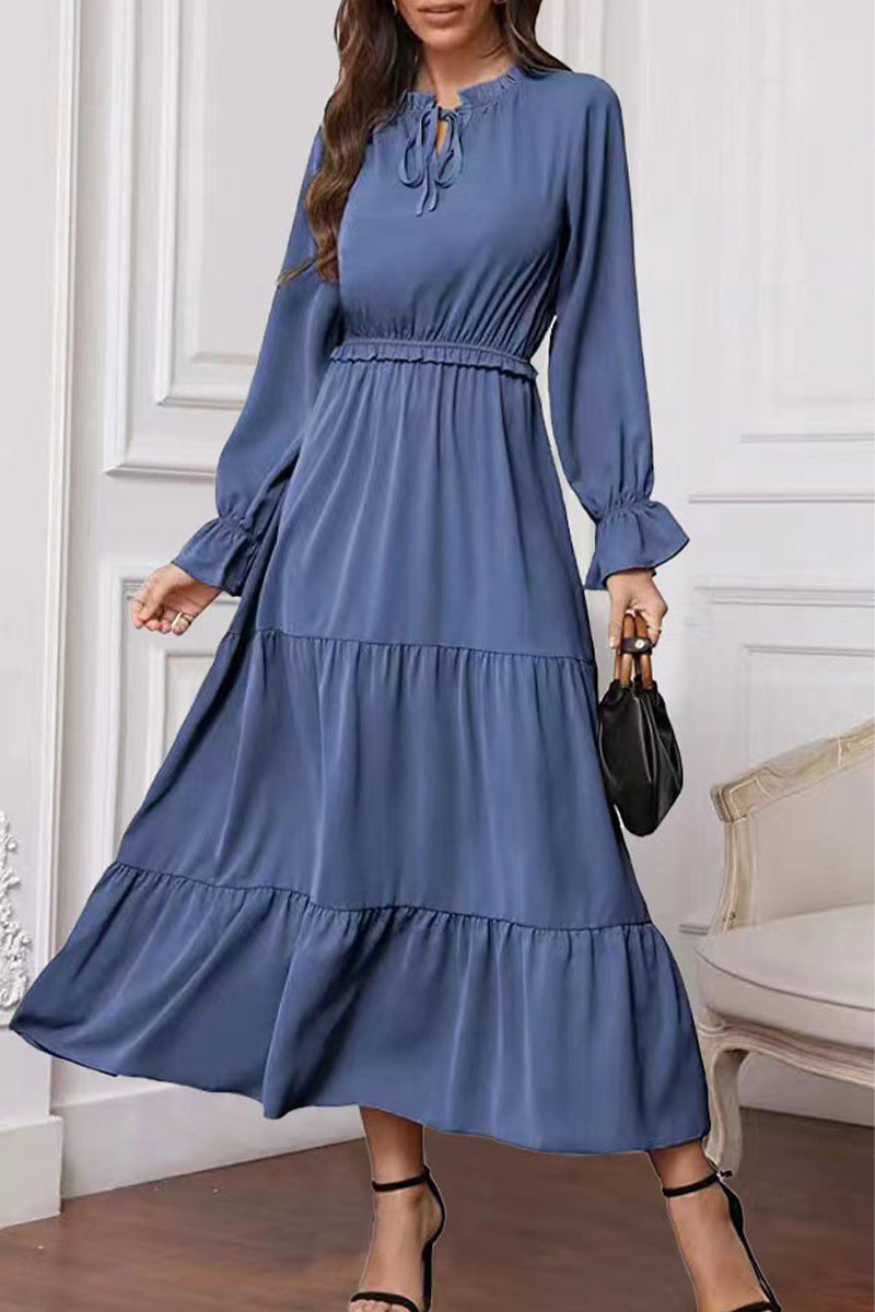 Kaynafashions - Fashion Elegant Solid Frenulum Lotus Leaf Collar Long Dress Dresses(8 colors)