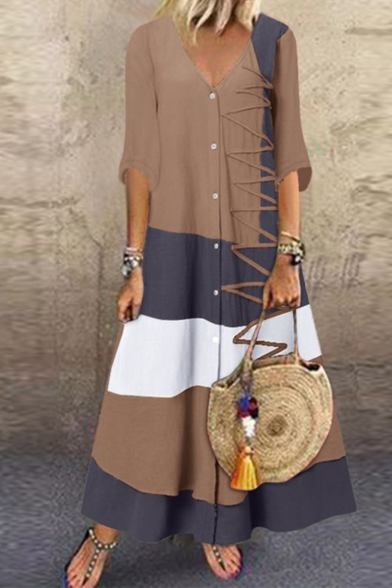 Kaynafashions - Fashion Patchwork Buttons V Neck Straight Dresses(4 colors)