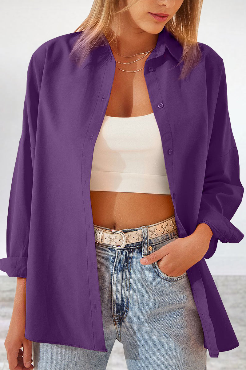 Kaynafashions - Casual Simplicity Solid Buttons Turndown Collar Blouses(11 Colors)