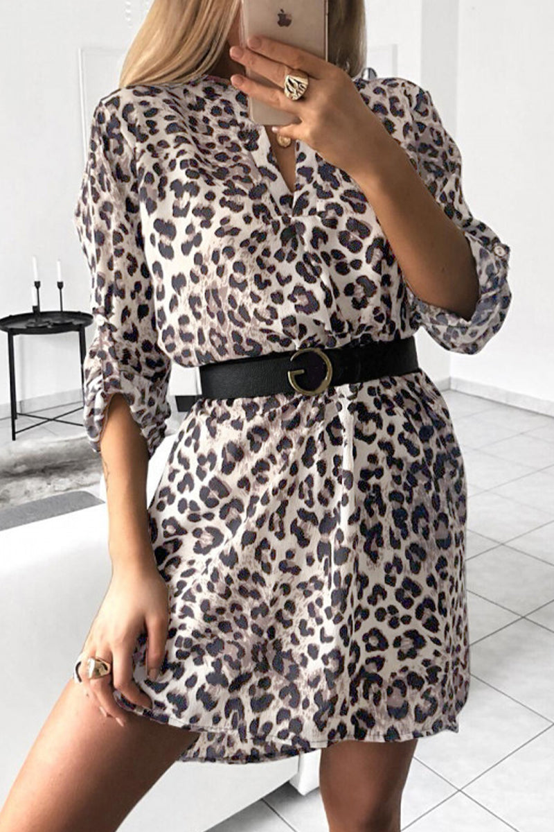Kaynafashions - Elegant Animal Print Without Belt V Neck Irregular Dress Dresses(6 Colors)