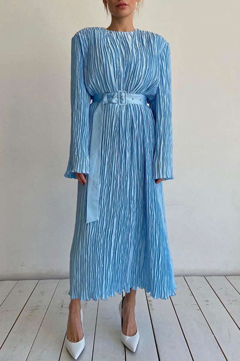 Kaynafashions - Elegant Solid Fold With Belt O Neck A Line Dresses