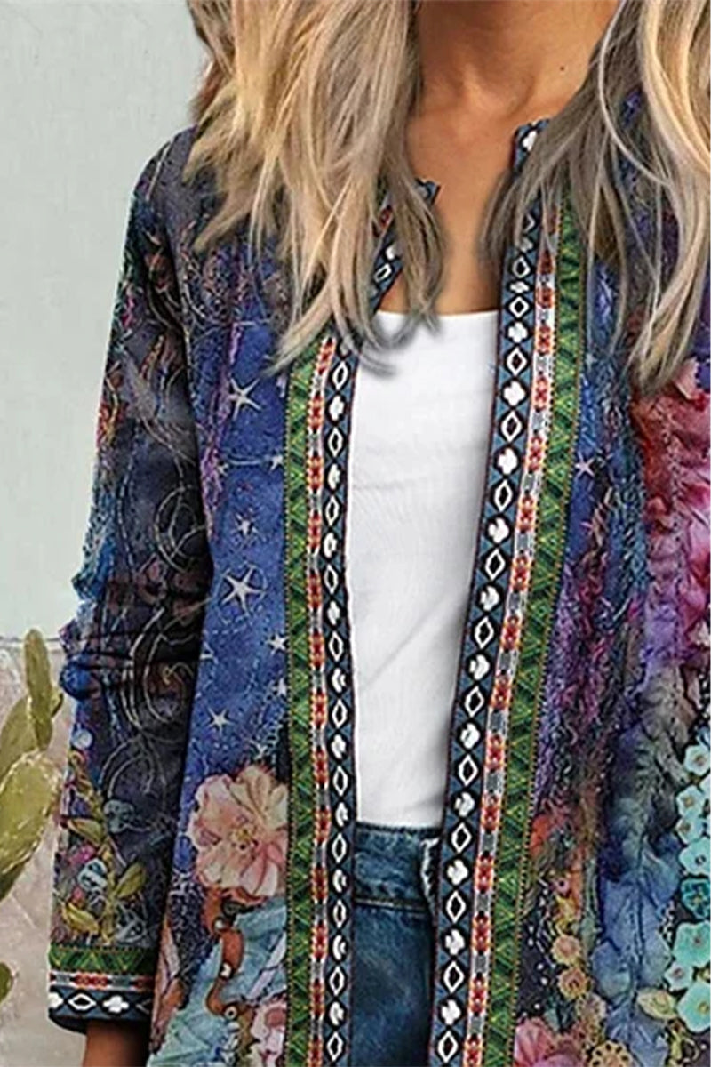 Kaynafashions - Casual Print Pocket O Neck Outerwear