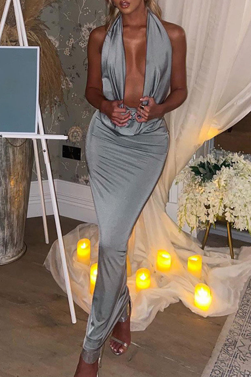 Kaynafashions - Sexy Celebrities Print Patchwork Frenulum Halter Long Dress Dresses