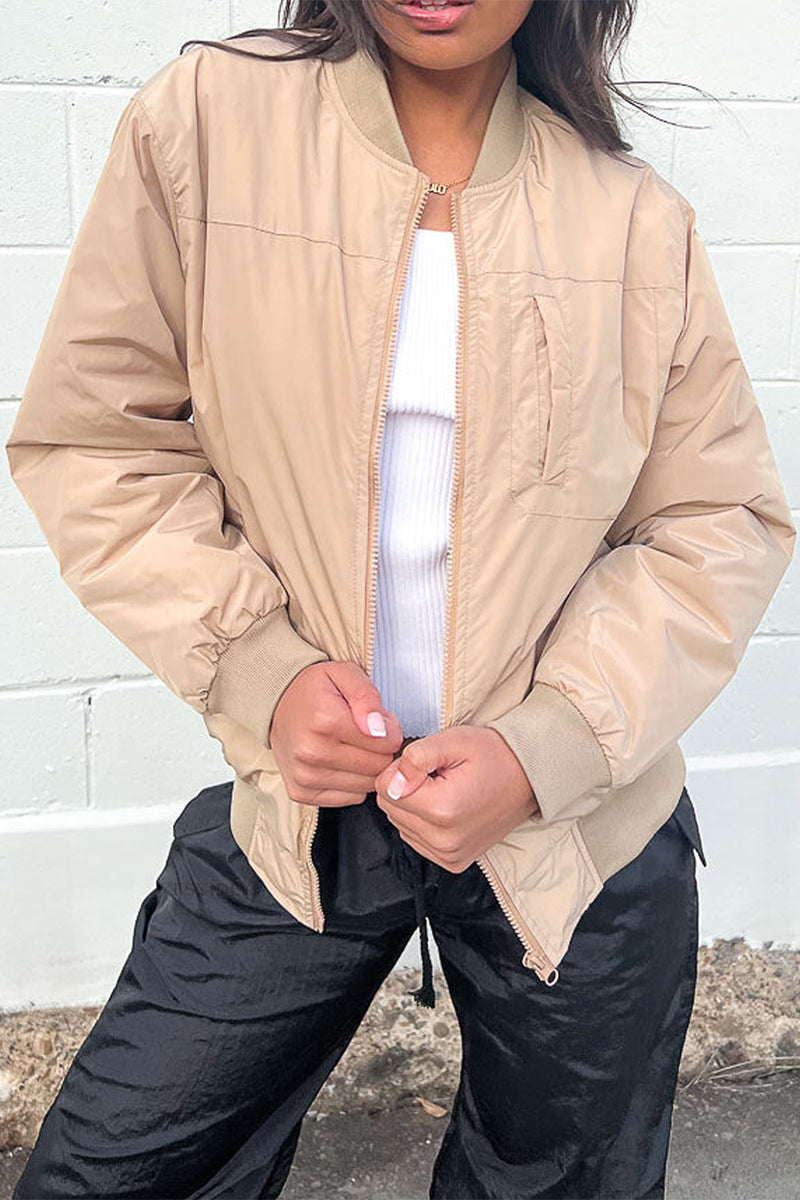 Kaynafashions - Street Solid Pocket Zipper U Neck Outerwear